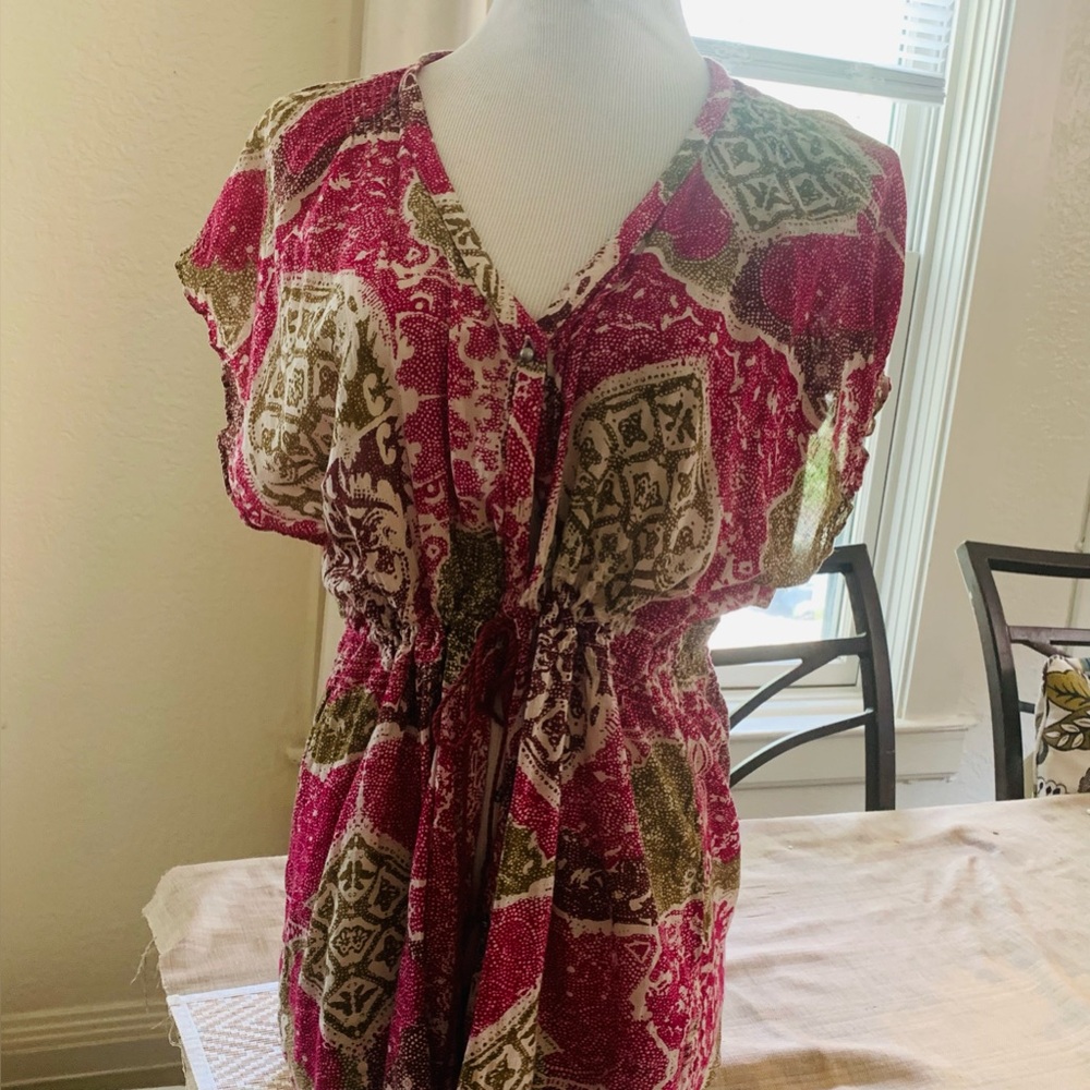 Calvin Klein Boho Print V-Neck Drawstring blouse- Pink & Olive XL